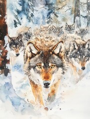 Obraz premium Pack of wolves in a snowy forest setting, watercolor illustration.