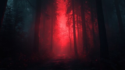 Cinematic horror movie poster mockup featuring a misty forest with an eerie red glow creating a suspenseful and mysterious atmosphere