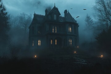 Mysterious Gothic Victorian mansion enveloped in eerie fog at night with glowing windows and flying bats