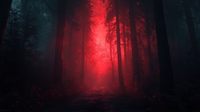 Cinematic horror movie poster mockup featuring a misty forest with an eerie red glow creating a suspenseful and mysterious atmosphere - Powered by Adobe
