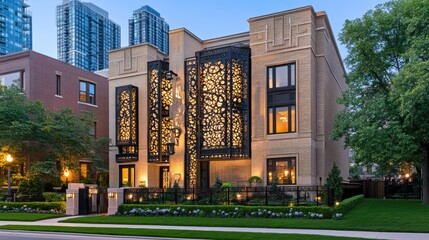 Fototapeta premium This contemporary Chicago residence features a striking beige brick facade with black accents and decorative wooden screens, complemented by vibrant green grass in the warm evening light
