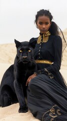 Fototapeta premium Elegant woman in black dress with black panther in desert, fashion photography, grace, and power