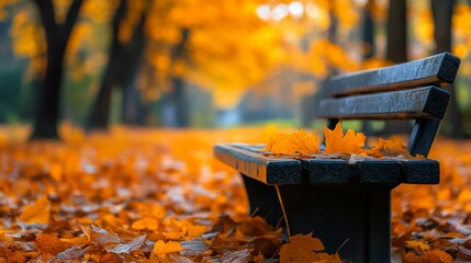 A wooden park bench covered in vibrant orange autumn leaves sits amidst a scenic fall landscape, perfect for themes of nature, tranquility, and seasonal change,