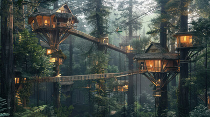 An outdoor lifestyle where people live in treehouses suspended in the forest canopy, connected by rope bridges and ziplines for a thrilling, natural existence
