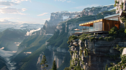 Fototapeta premium An outdoor lifestyle where homes are built into the sides of cliffs, offering breathtaking views of the mountains and valleys below, accessible only by hiking