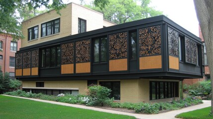 Obraz premium This contemporary Chicago residence features a striking beige brick facade with black accents and decorative wooden screens, complemented by vibrant green grass in the warm evening light