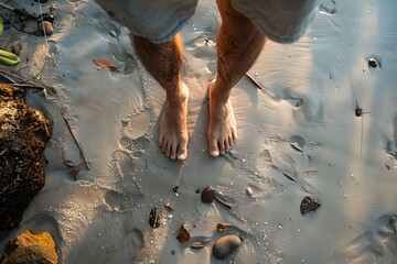 Tranquil Beach Scene: Bare Feet on Sandy Shore