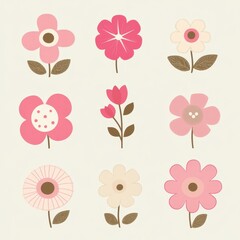 Obraz premium A collection of colorful floral designs featuring various pink flowers with unique shapes and patterns, perfect for spring themes.