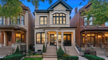 Naklejka premium This contemporary Chicago residence features a striking beige brick facade with black accents and decorative wooden screens, complemented by vibrant green grass in the warm evening light