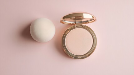An open powder puff beside an elegant compact powder case on a soft, neutral background, illustrating its key role in perfecting the makeup application process.