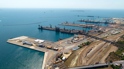 Aerial view of the industrial port of Taranto, in Puglia, Italy.