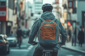 Fototapeta premium Portrait of man riding a bicycle to camping, Middle age man with backpack go to work by bicycle.