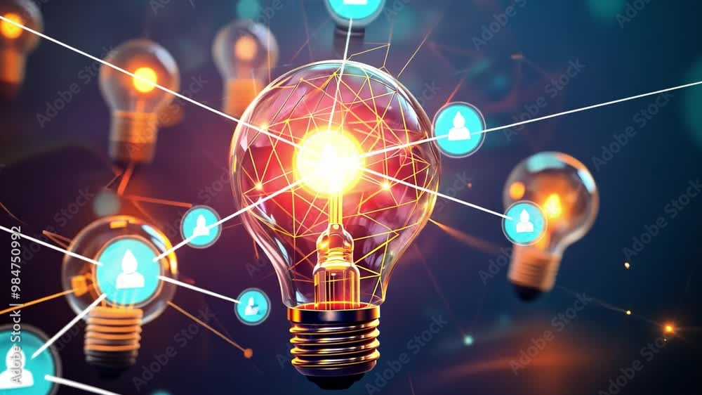 Poster A collection of glowing light bulbs is arranged in an artistic fashion, emitting bright light against a backdrop filled with colorful sparks and patterns, creating a captivating visual effect.