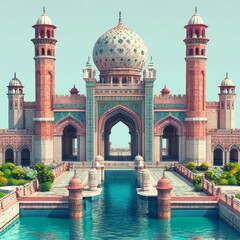Fototapeta premium A stunning image of a grand architectural marvel with intricate domes, arches, and a reflecting pool, perfect for travel or cultural content,