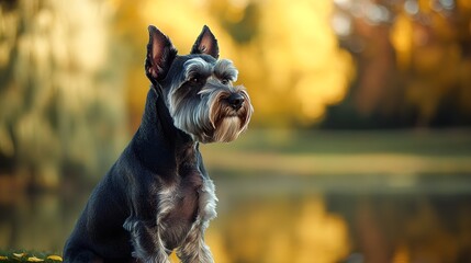 A Standard Schnauzer sitting gracefully on a , showcasing its distinctive beard and eyebrows