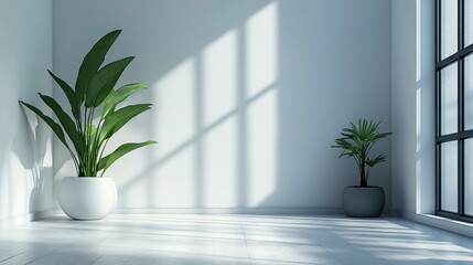 Minimalist design with two potted green plants casting shadows on a white interior wall, bathed in natural daylight from large windows, perfect for home decor websites or relaxation-themed content,