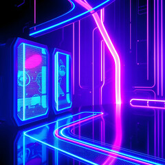 3D illustration of blue and purple futuristic sci fi techno lights cool background