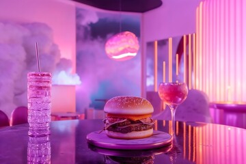 Futuristic Neon Dining Experience. Gourmet Burger and Vibrant Drinks in a Pink and Purple Glowing Ambience