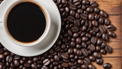 Fototapeta premium A cup of black coffee surrounded by roasted coffee beans on a wooden surface.