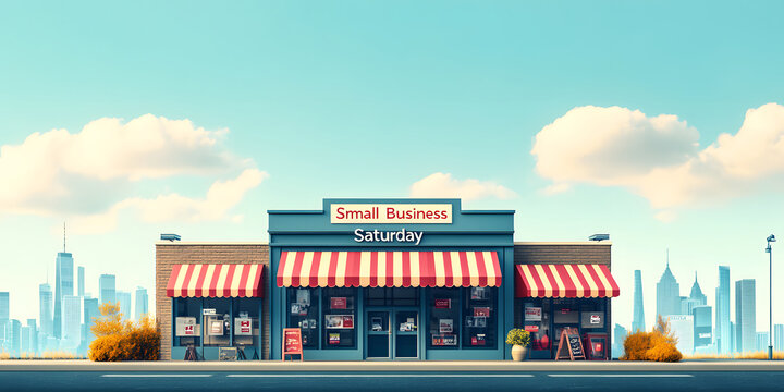 A vibrant storefront adorned with red and white stripes invites customers for Small Business Saturday, surrounded by an urban landscape with tall buildings and a clear sky.