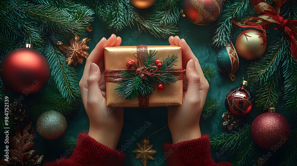 Sticker Person holding a beautifully wrapped gift surrounded by Christmas decorations and festive ornaments