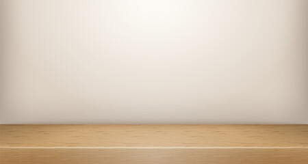 Vector Wooden Top Studio Room Scene Backdrop Mockup. Limbo Abstract 3d Product Presentation Background. Wall Shelf Minimalistic Promo Showcase Display Shelf Tabletop. Clear Podium Stage Template