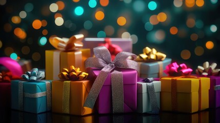 Brightly colored gift box with a ribbon on top. Brightly colored christmas ornaments are arranged around a gift box, Festive, colorful.