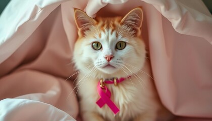 a white cat with a pink ribbon on it's chest,Breast cancer awarness White and Pink Cancer Ribbon Symbol Motivational Typography, illustration banner created with generative ai
