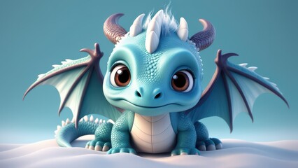 Fototapeta premium A cute, cartoon-style dragon with blue scales and small wings, sitting adorably on a soft surface.
