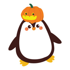 hand drawing cartoon penguin with halloween pumpkin. cute animal drawing, doodle for halloween