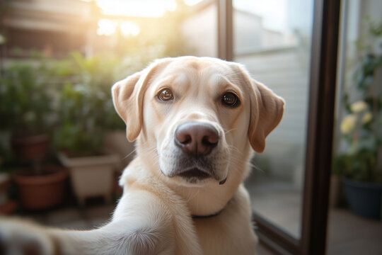 Selfie labador retriever with hilarious face in garden with sunrise view, Selective focus dog face with pawn holding phone.