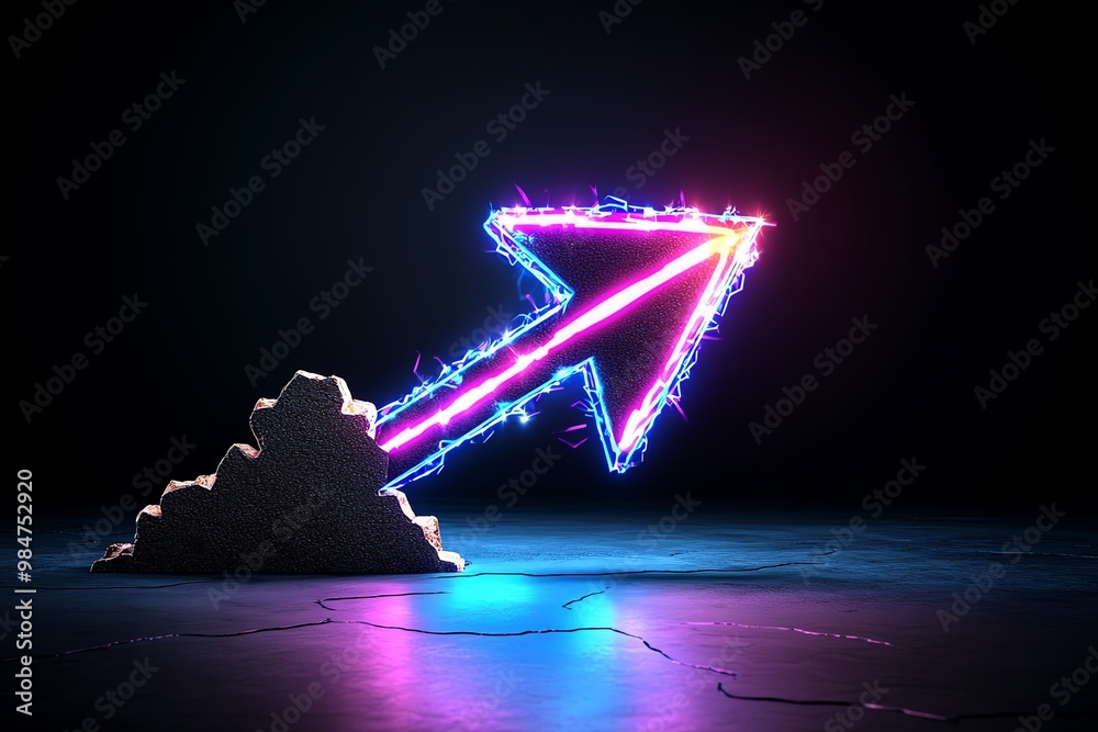 Poster abstract glowing arrow, breaking through a barrier, symbolizing overcoming obstacles in business dev
