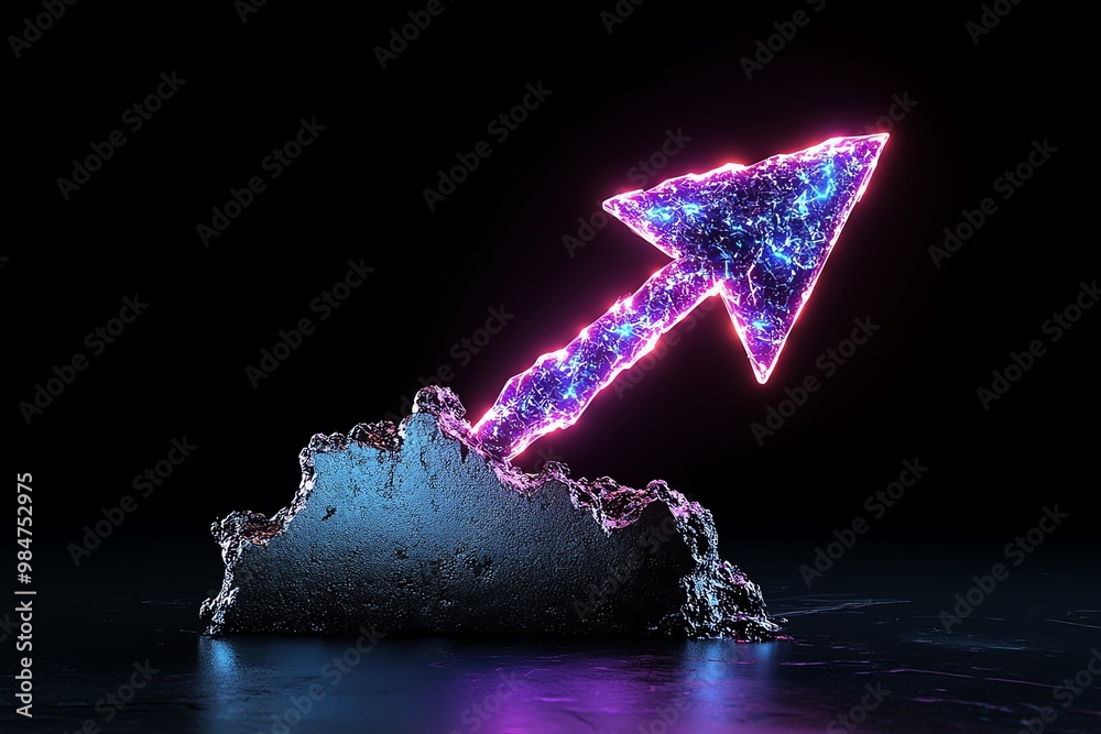 Poster abstract glowing arrow, breaking through a barrier, symbolizing overcoming obstacles in business dev