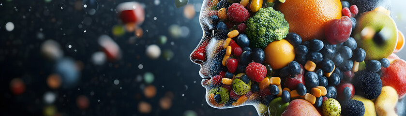 A woman's face is made of fruits and vegetables