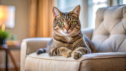 A cozy domestic cat chilling at home, lounging on furniture and enjoying the indoor comfort