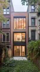 Fototapeta premium This contemporary Chicago residence features a striking beige brick facade with black accents and decorative wooden screens, complemented by vibrant green grass in the warm evening light