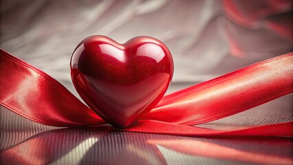 abstract red glossy heart with satin ribbon on background, perfect for gift and romance concepts