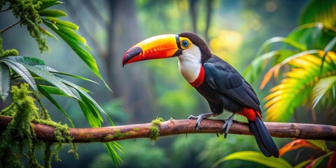 Colorful toucan bird perched on a lush tree branch in the tropical rainforest wildlife habitat