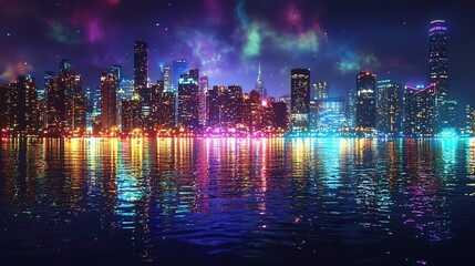 Fototapeta premium City Night Skyline with Lights Reflecting Off Water