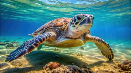 A close-up photo of a Chelonia mydas green sea turtle on the island of Cyprus