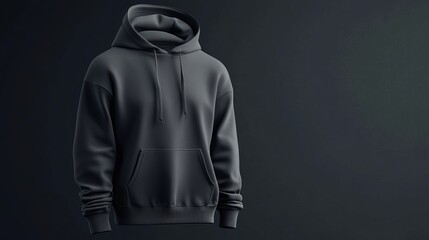 Blank black sports hoodie mockup with a dark background 3D rendering of a loose casual mens sweatshirt with a hood side view Ideal for apparel design templates