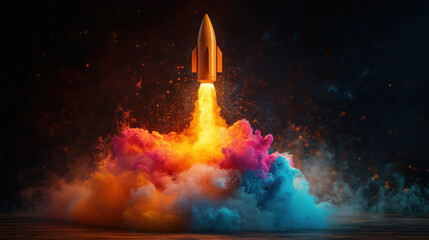 Colorful rocket launching with vibrant smoke and flames