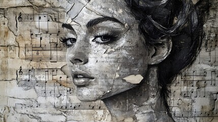 Minimalist Painting of Woman's Face Close-up with Old Antique Paper Background with Manuscript and Musical Scores, White, Abstract, Texture, Pattern Background, Wallpaper, Cover and Screen of Smartpho