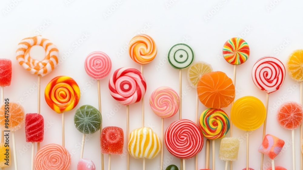 Leinwandbilder a vibrant array of colorful lollipops arranged in a whimsical pattern on a white background, showcas