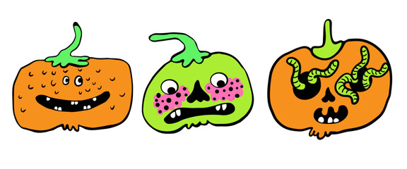 creepy minimalistic pumpkins characters set for halloween in vector. objects for stickers avatar decoration postcard poster print logo icon mascot