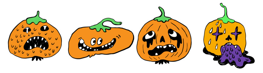 creepy minimalistic pumpkins characters set for halloween in vector. objects for stickers avatar decoration postcard poster print logo icon mascot