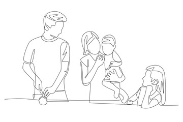Japanese family in the kitchen. Families in japan concept one-line drawing