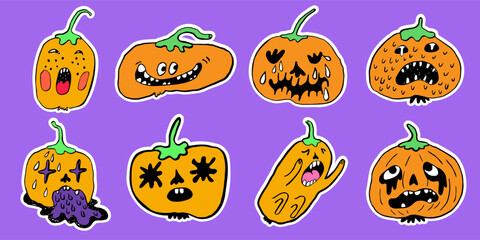 creepy minimalistic pumpkins characters set for halloween in vector. objects for stickers avatar decoration postcard poster print logo icon mascot