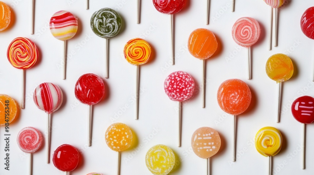 Leinwandbilder A vibrant array of colorful lollipops arranged in a whimsical pattern on a white background, showcasing a variety of shapes and flavors