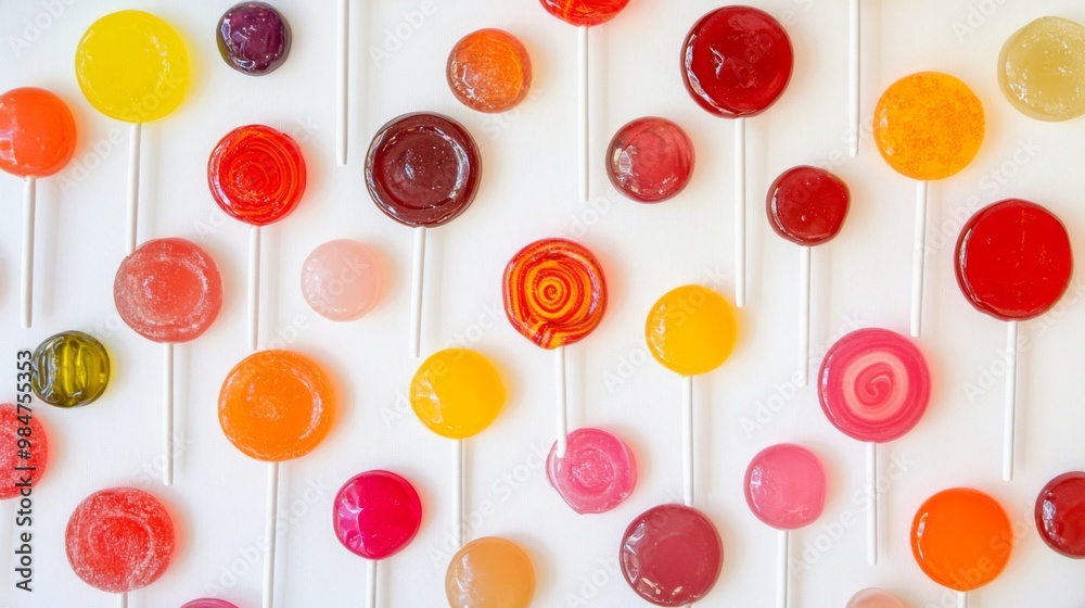 Leinwandbilder a vibrant array of colorful lollipops arranged in a whimsical pattern on a white background, showcas